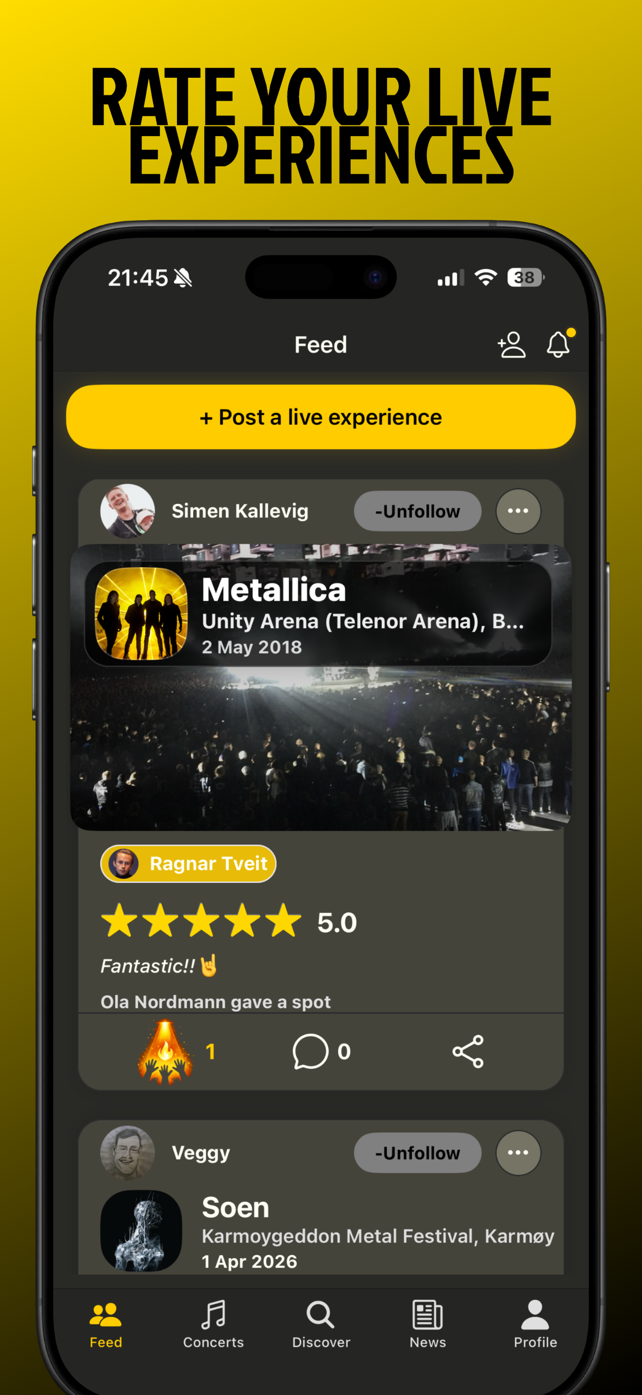Headlinr Feed with a rated live experience